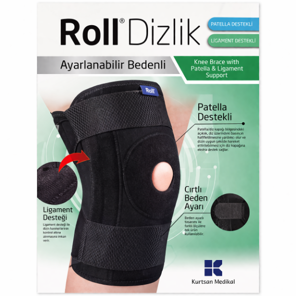 Roll Patella ve Ligament Destekli Ayarlanabilir Bedenli Cırtlı Dizlik