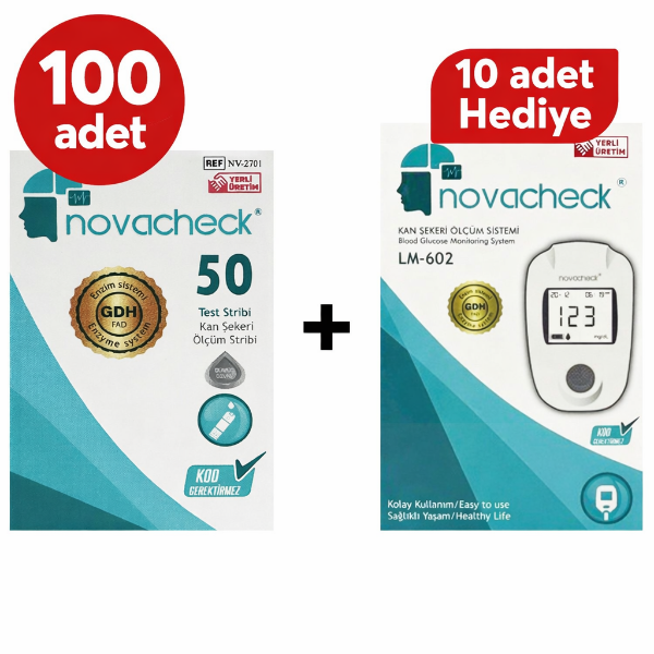 Novacheck Şeker Ölçüm Stripi 50'li 100 Adet + 10 Adet Şeker Ölçüm Cihazı Hediye